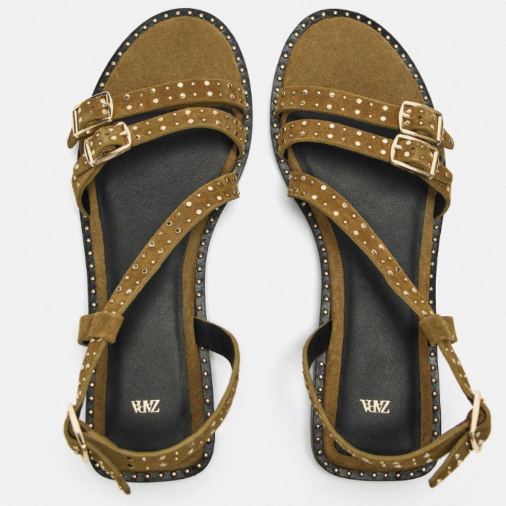 Zara Flat Split Suede Slider Sandals with Studs, Brown, Size EU 40